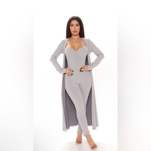 Fashion Nova Gray Jumpsuit with Long Cardigan